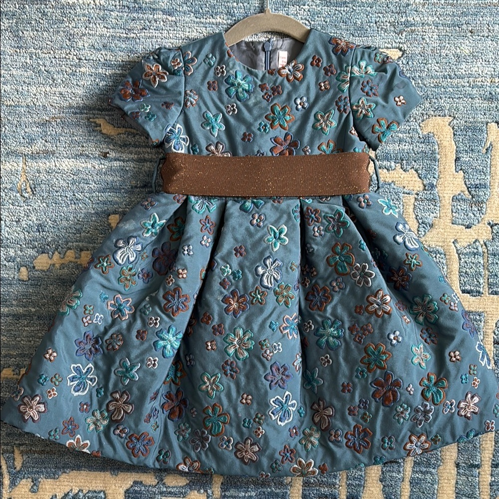 Il Gufo Girls Blue Floral Embroidered Dress with Belt Size 2